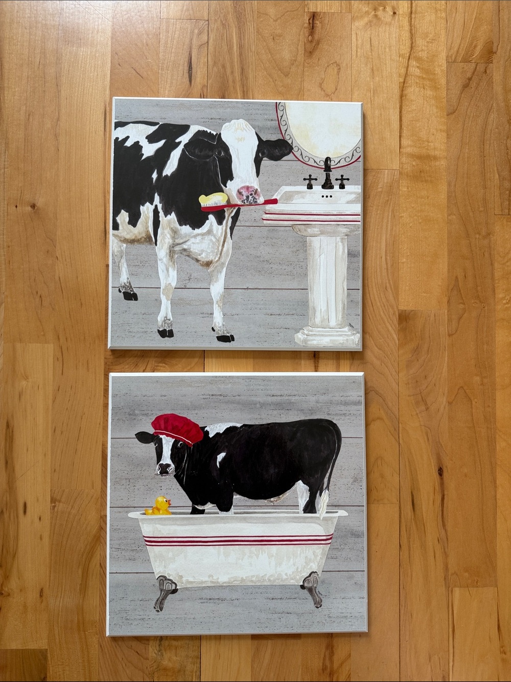 Bathroom Wall Art Set - Black & White Cow Bath Prints